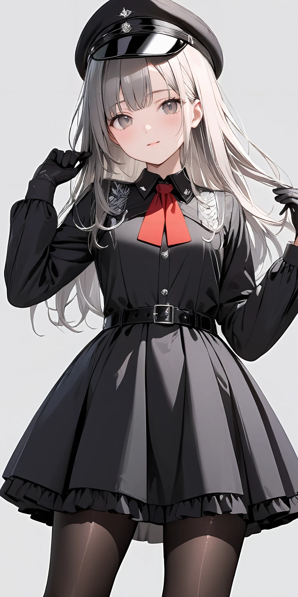 masterpiece,ultra-detailed,best quality,8K,illustration,cute face,clean skin ,shiny hair,girl,simple background
<lora:military uniform_XL_V1.0:1> jyojifuku, m dress, gloves, boots, belt, hat,long sleeves,pantyhose,frills