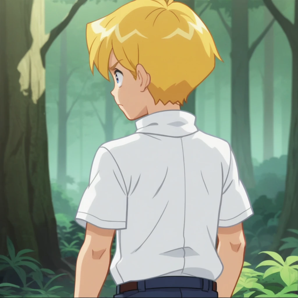 score_8_up,score_7_up, BREAK, screencap, source_anime , 1boy, solo,  Norman, short hair, blue eyes, blonde hair,   <lora:Norman_TotallySpies_XL_Leaf1:1>, short sleeves, white turtleneck sweater, cowboy shot, forest,