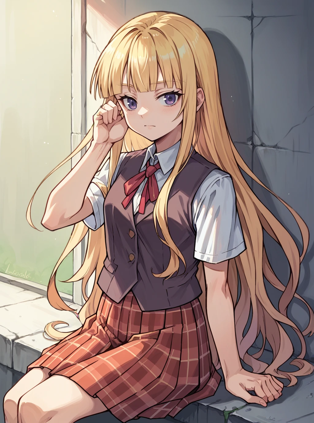 score_9, score_8_up, score_7_up, source_anime, solo, 1girl, evangeline a.k. mcdowell, blonde hair, long hair, brown school uniform, plaid skirt, blunt bangs, , , , <lora:evangeline_PDXL-000002:1>