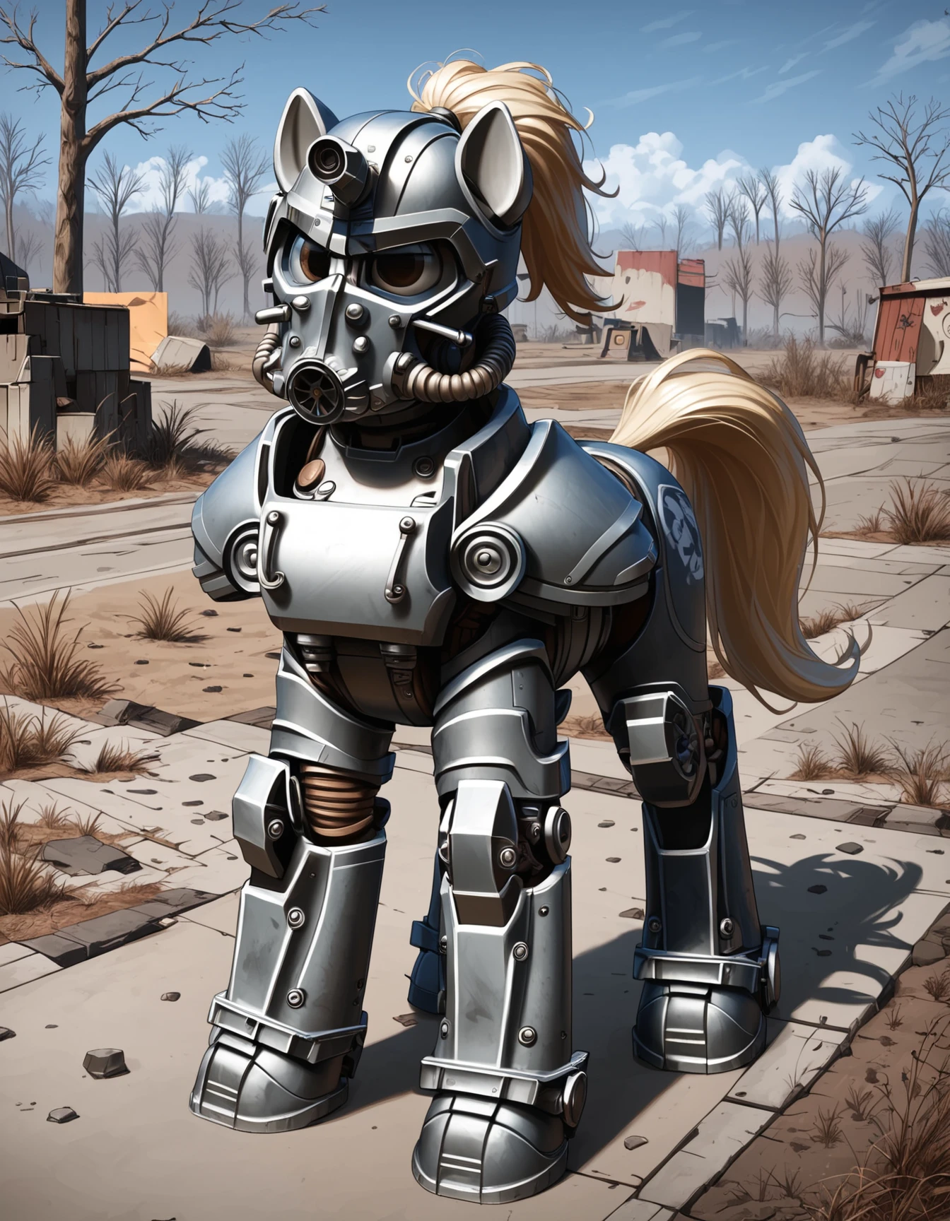 score_9, score_8_up, score_7_up, score_6_up, score_5_up, score_4_up,  
source: illustration, fallout, expressive, full body armor,t60, pony, feral, (cute:1.1), beautiful, pretty,(power armoroutfit:1.15), (helmet:1.15), The character has blonde hair styled into a ponytail,at an appocalyptic landscape from fallout,, highly detailed, intricate details, digital art, perfect anatomy, perfect proportions, 4k,  dynamic pose,