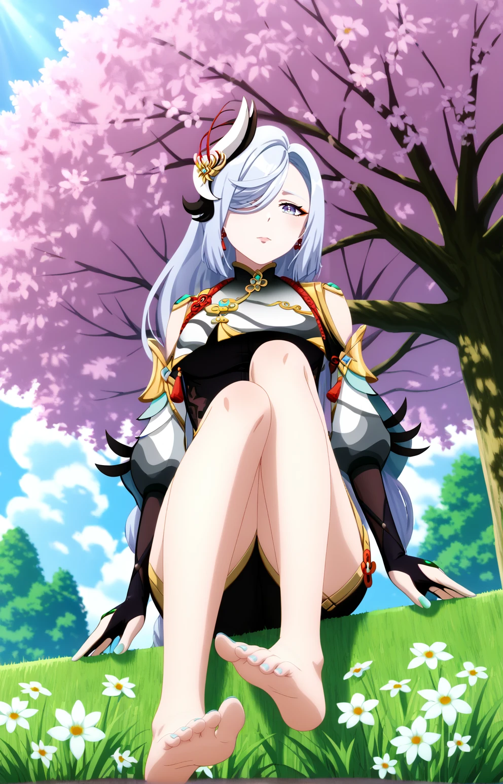 score_7_up, BREAK source_anime, 1girl, shenhe \(genshin impact\), barefoot, toenail polish, knees up, on grass, from below, tree, flower, looking at viewer, anime screencap