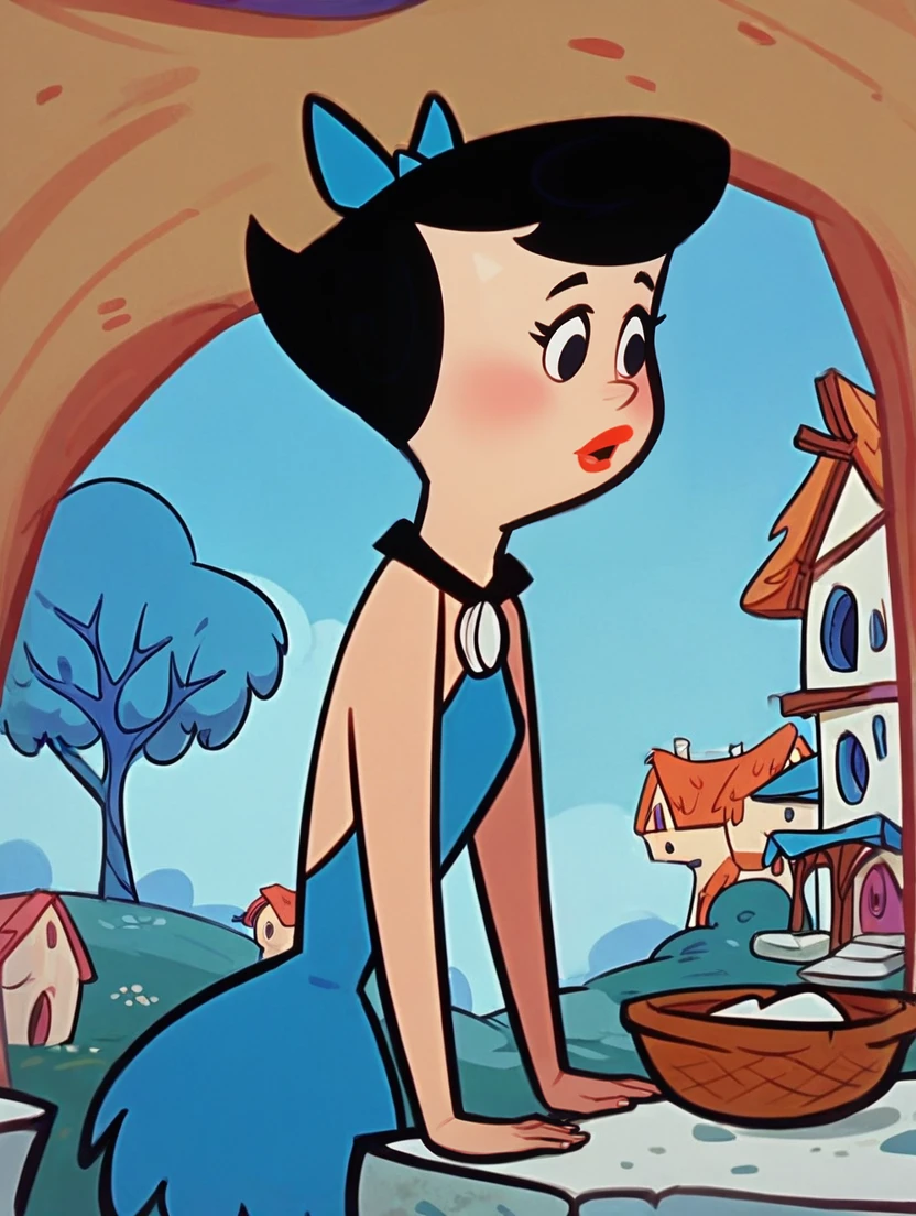 score_9,score_8_up,score_7_up,score_6_up,score_5_up,score_4_up <lora:Smooth Night Style SDXL_LoRA_Pony Diffusion V6 XL:0.7> <lora:The_FlintstonesPonyV3:1> Betty Rubble, black hair, blue dress, short hair, hair bow, black eyes , the flintstones background