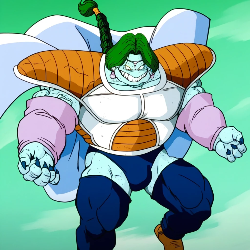score_9, score_8_up, score_7_up BREAK Zarbon, DBZ, monster, alien, 1boy, solo, muscular male, blue skin, very large muscles, large pectorals, veiny muscles, green hair, braid, jewelry, reptilian scales, yellow eyes, BREAK armor, cape, gloves, speedo, leggings, BREAK smile, teeth, looking at viewer