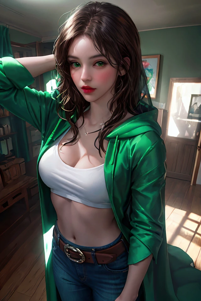 Perfect masterpiece, EXTREMELY DETAILED CG UNITY 32K UHD QUALITY RESOLUTION, CRU photo, photo realist, award-winning portrait, offcial art, PROFESSIONAL KINEMATIC LIGHTING, PROFESSIONAL FILM QUALITY. beautiful model, very slim and sexy body, is wearing a dark green jacket over a white bikini