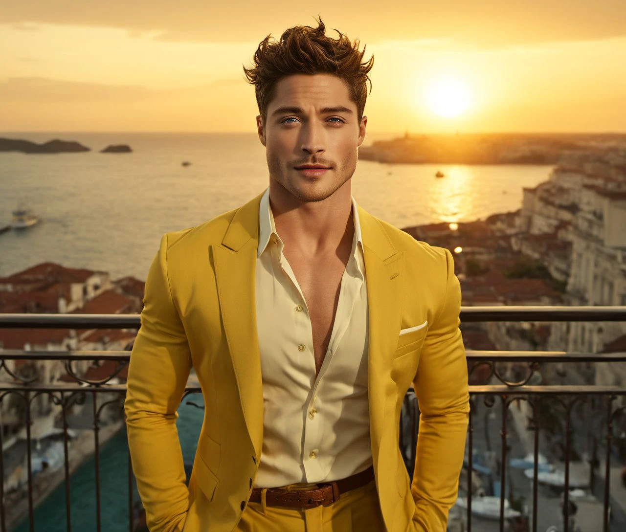 Nautical-themed (Photo:1.3) of (Ultrarealistic:1.3) <lora:Man_Men_FFashion:1> Ezra Miller a man <lora:Froy-Gutierrez_Ezra-Miller:0.8> in a yellow suit standing on a balcony, handsome man, attractive man, handsome male, sun behind him, inspired by Pablo Munoz Gomez, shot at golden hour, editorial photograph, midshot of a hunky, by Roman Bezpalkiv, by Artur Tarnowski, maxim sukharev, by Gabor Szikszai,Highly Detailed,(Mono Color:1.3) . Sea, ocean, ships, maritime, beach, marine life, highly detailed