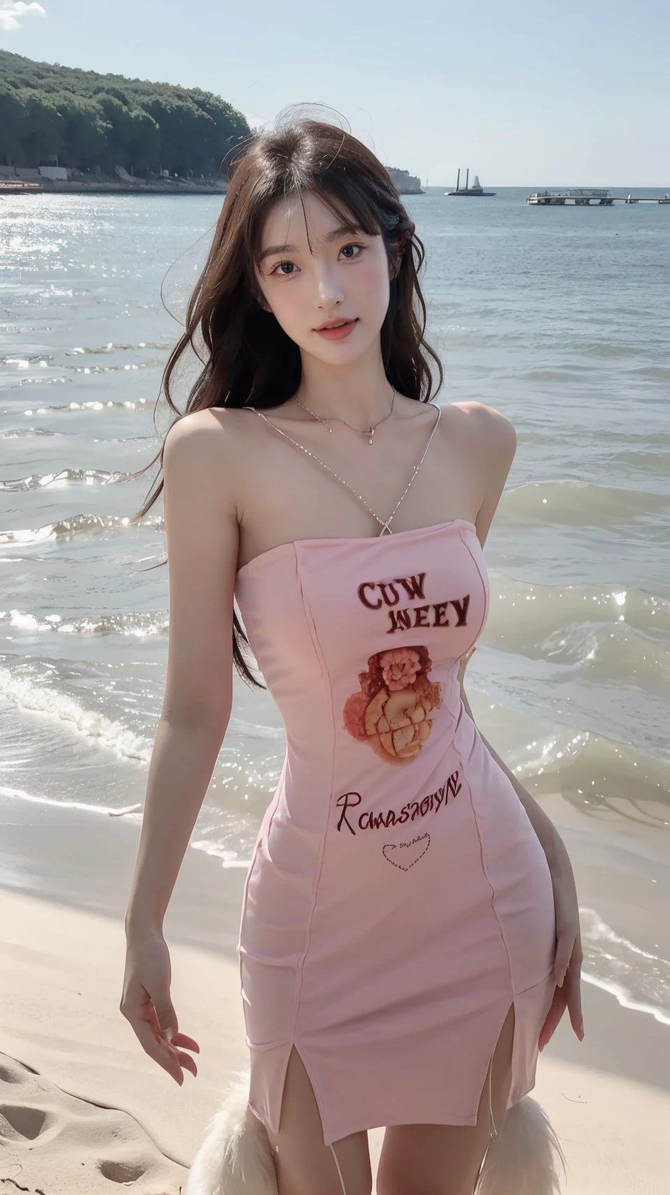 masterpiece,best quality,bright colors,solo,photo_,(1girl:1.3),(standing:1.3),(looking at viewer:1.4),Elegant,detailed gorgeous face,(cowboy shot:1.4),realistic,(seaside background:1.2),plant,,MIS,dress,print,<lora:MIS52:0.75>