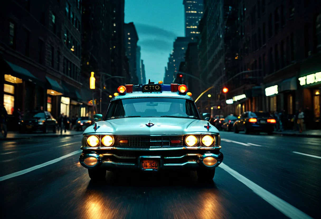 a studio photo of ecto_1, vehicle focus, racing through New York City streets at night, vehicle focus, licence plate, front view, dark, chiaroscuro, low-key, beautiful, science fiction, best quality high resolution, beautiful, highest quality, masterpiece, highly detailed, volumetric light, global illumination, studio photo, highly detailed, sharp focus, epiCPhoto,