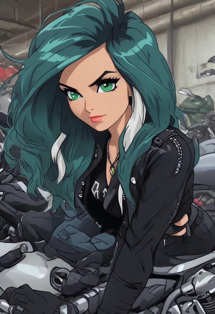 Expressiveh, (Masterpiece, best quality:1.2), score_9, score_9_up, soft shading, lighting, (anatomically correct), best high quality, high res, jewelry, solo, 1girl, reinayagami, 28 years old, thin, irl, photorealistic,  garage background, 80s motorbike, blue eyes, long hair, multicolored hair, blue hair, white sidelocks, hair ornament, green eyes, sportswear, black tanktop, cleavage, breasts, black leather jacket, fingerless gloves, black denim pants, black footwear, black lace boots, jewelry, eyelashes, seductive pose, devil horn hand sign, seductive look, selfie, full body visible