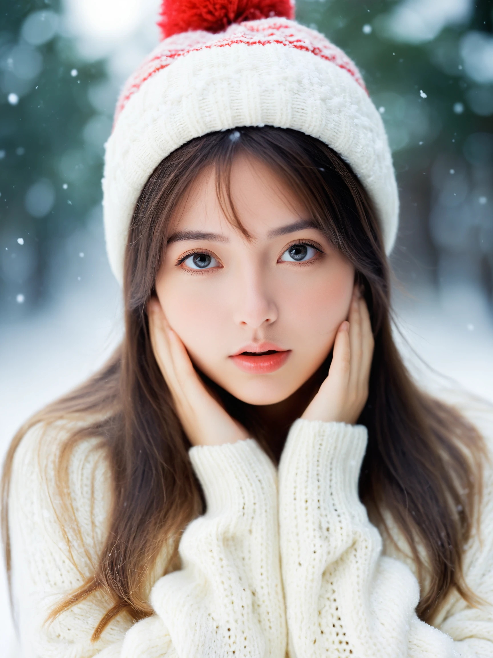best quality, masterpiece,
analogue photo of adult girl in sweater and sweater hat, looking at viewer, long hair, head shot, hold cheeks with hands, close-up, extremely beautiful detailed face, medium breasts, (cute face, temptations look), eye level,
professional photo, high contrast exposure, soft bokeh, high key light, hard shadow, soft bokeh, snowing, snowing background,