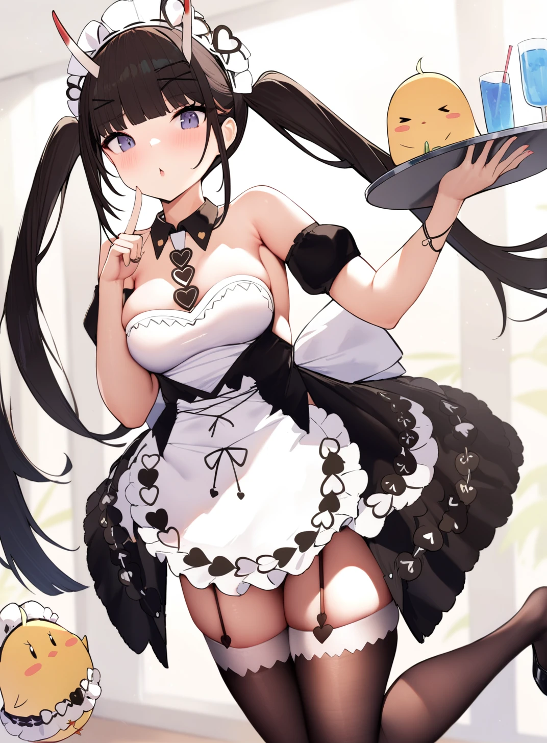 <lora:noshiro_XL_v1.0:1>,noshiro_\(azur lane\), twintails, maid, long_hair, apron,  garter_straps, maid_headdress, enmaided,  black_legwear, finger_to_mouth,holding_tray, manjuu \(azur lane\),, masterpiece, best quality,  very aesthetic, absurdres,