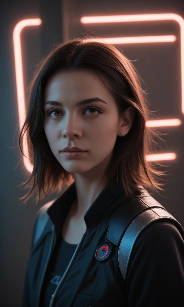 score_9, score_8_up, score_7_up, rating_safe, realistic, photo, dynamic angle, vibrant lighting, high contrast, dramatic shadows, high quality, BREAK, cyberpunk, blue lights, cinematic portrait photo, young woman with (shoulder-length:0.5) brunette hair and hazel eyes, wearing a black formfitting high-tech futuristic outfit and pants, Fujifilm XT3, Canon R5, Fujicolor Fujichrome Velvia 100