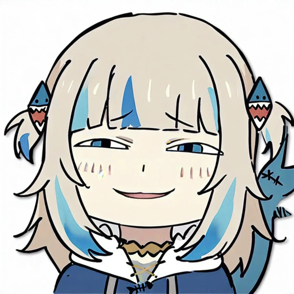 anya-face,(masterpiece),(best quality),1girl, gawr gura, virtual youtuber, tail, fish tail, shark tail, solo, blue eyes, multicolored hair, grey hair, full body, blue hair, streaked hair, bangs, hair ornament, shark hair ornament, two side up, white background, hood, blunt bangs, shark girl, hoodie, simple background, blue hoodie