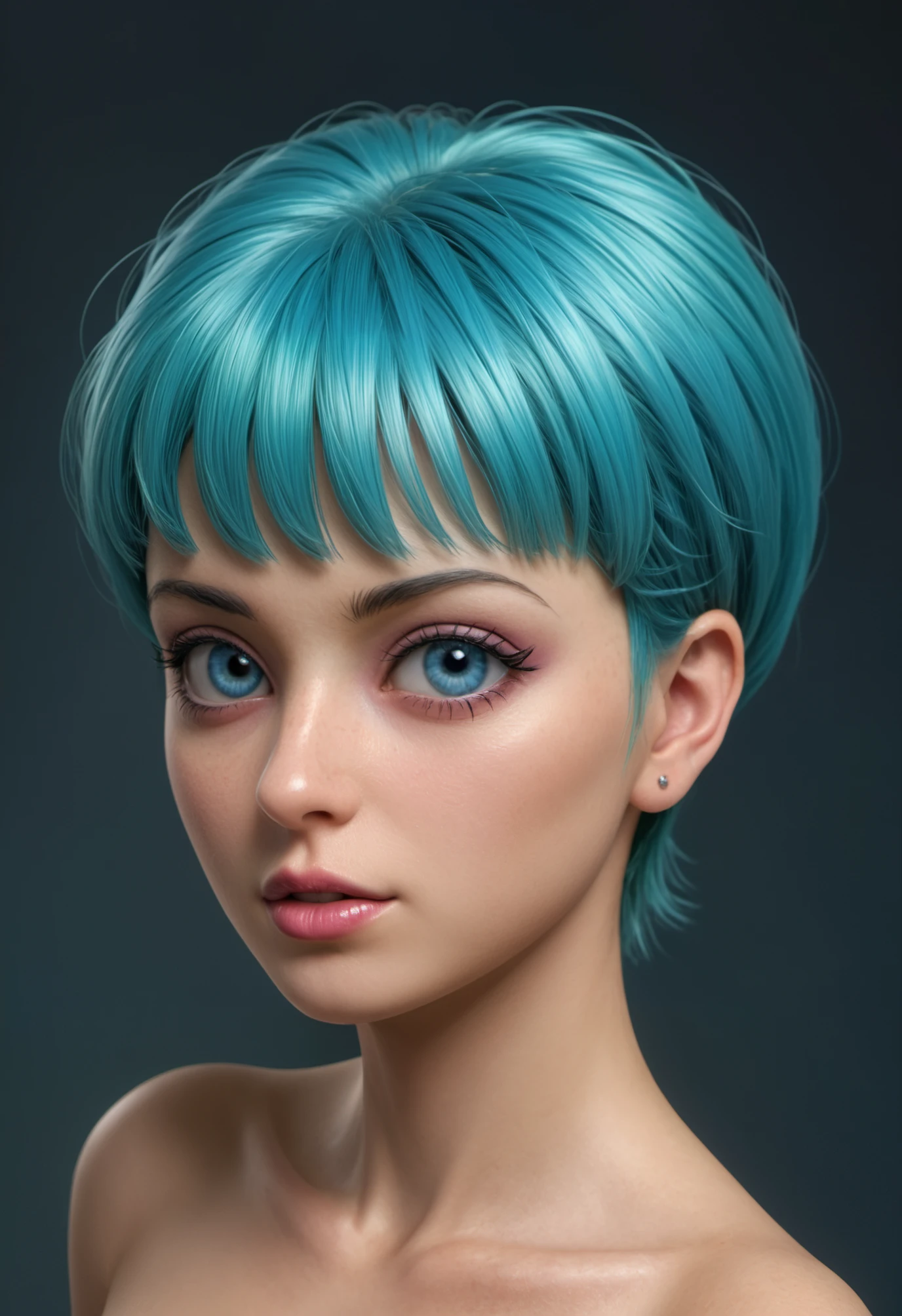 flir heatmap, Colorful, vibrant, high contrast, bizarre, diffused light, depth of field, HDR, award-winning photography, very detailed eyes, Bulma, score_9, short blue hair