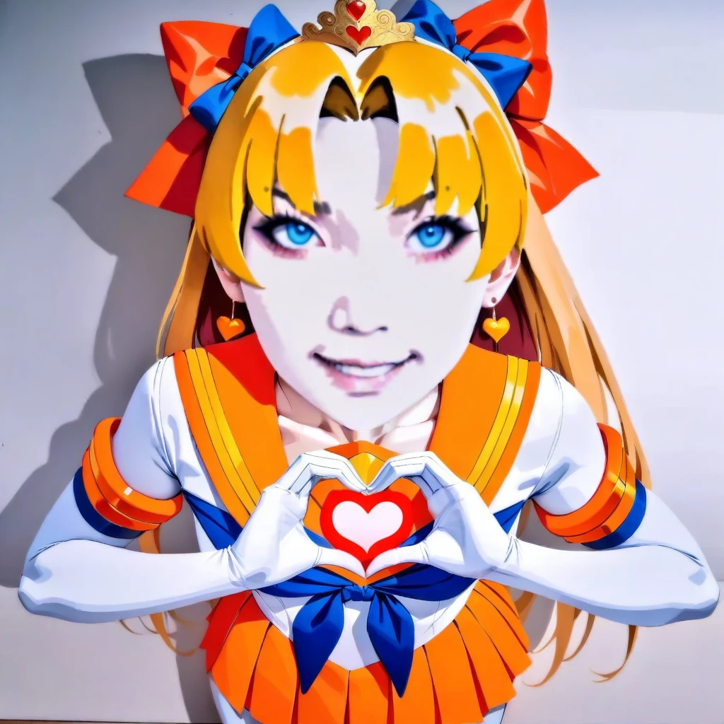 longtu-face,face,(masterpiece),(best quality),1girl,sailor venus,masterpiece,best quality,very aesthetic,absurdres,aavenus,long hair,blonde hair,hair bow,tiara,blue eyes,earrings,orange choker,collarbone,orange sailor collar,blue bowtie,white shirt,white leotard,elbow gloves,white gloves,pleated skirt,orange skirt,heart hands,traditional media,watercolor,
