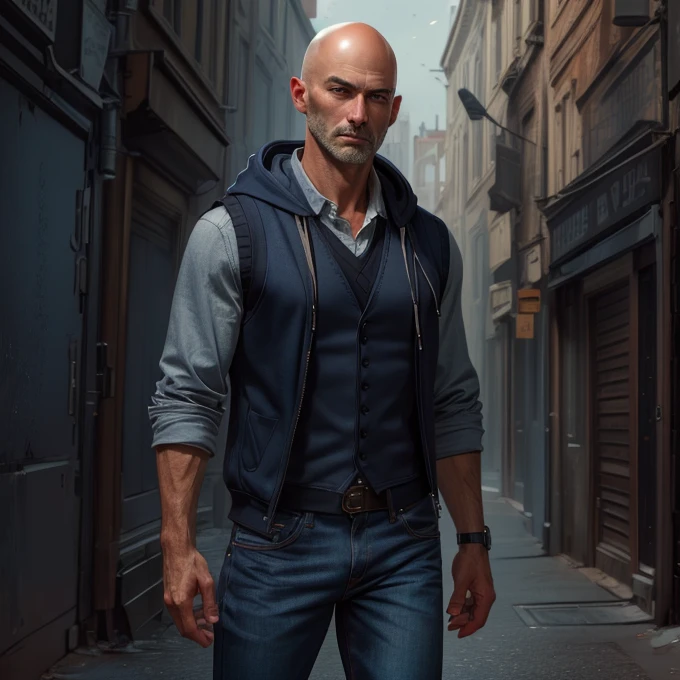 <lora:Midjourney_v6_Version_1.1:0.91> midjourney, navy blue vest, dark gray hoodie with sleeves, jeans, torn knees on jeans, standing, closed vest, male, bald, city setting, best quality, masterpiece, detailed, 8K, uhd, (extremely detailed CG unity 8k wallpaper),(masterpiece), (best quality), (ultra-detailed), (best illustration), detailed face, skin pores, detailed skin, detailed eyes, high quality eyes, good quality hands, high resolution, great anatomy