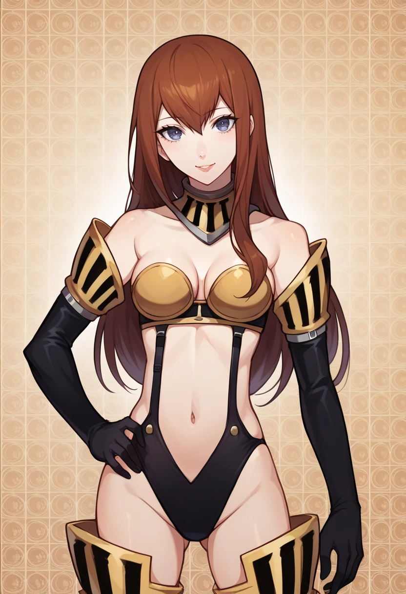 score_9, score_8_up, score_7_up, source_anime BREAK 1girl, solo,   <lora:zs_HighCutArmourXL:1> p3highcut, bikini armor, black elbow gloves, thigh boots, navel, cleavage, cowboy shot, smile,
pattern background, looking at viewer
 <lora:steinsgate_makise_ponyXL:1> makise kurisu,