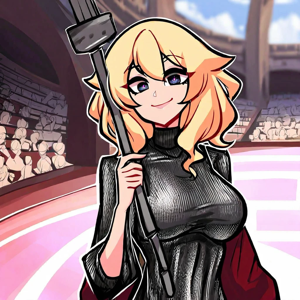 <lora:CenturiiChan:1>,1girl,solo,looking at viewer,smile,holding weapon,black sweater,blonde hair,colosseum,, (score_9,score_8_up,score_7_up), anime style, beautiful detailed skin, beautiful eyes, detailed face, best quality, high quality,