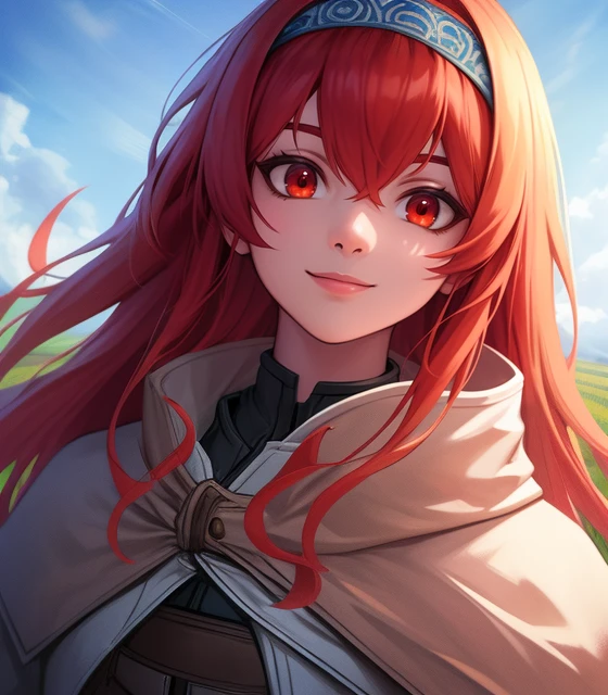 Cowboy shot, Eris Greyrat, Red eyes, Adventurer's clothes, Headband, A little smile,
(Standing pose:0.7), Blue atmosphere, Field,
HDR, highly detailed face and eyes, Masterpiece, Best quality, intricate, highly detailed, 8k, Trending on artstation, (Anime style:0.4),
<lora:Gabachek_Eris_Greyrat-01:0.7>