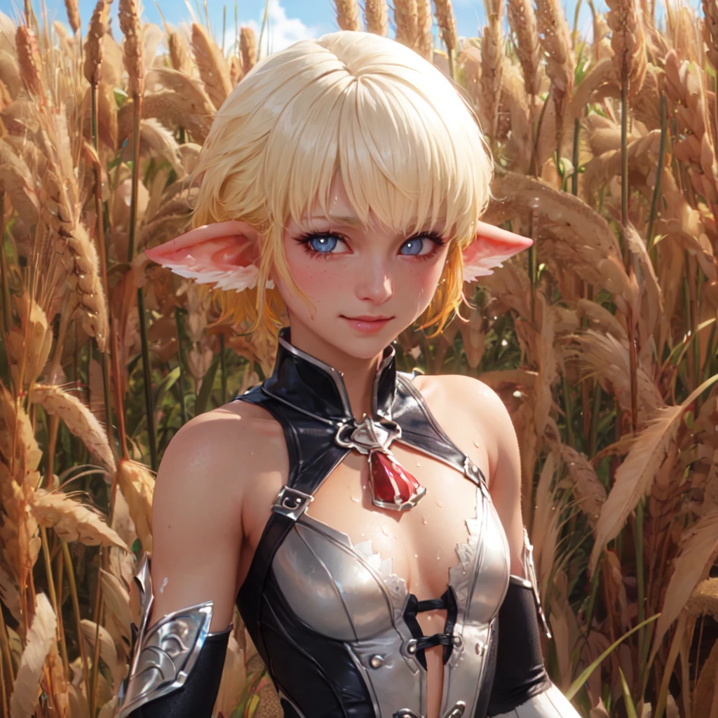 field, sunny, morning, wheat, flying leafs, small body, ertheia, 1girl, short hair, blue eyes, pointy ears, blonde hair, bare shoulders, jewelry, white thighhighs, thigh boots, gloves, detached sleeves, black panties, smile, looking at viewer, hand on chest, blush, upper body, portrait,    <lora:Ertheia_lora-10:0.7>  fcHeatPortrait   <lora:add_detail:0.4>