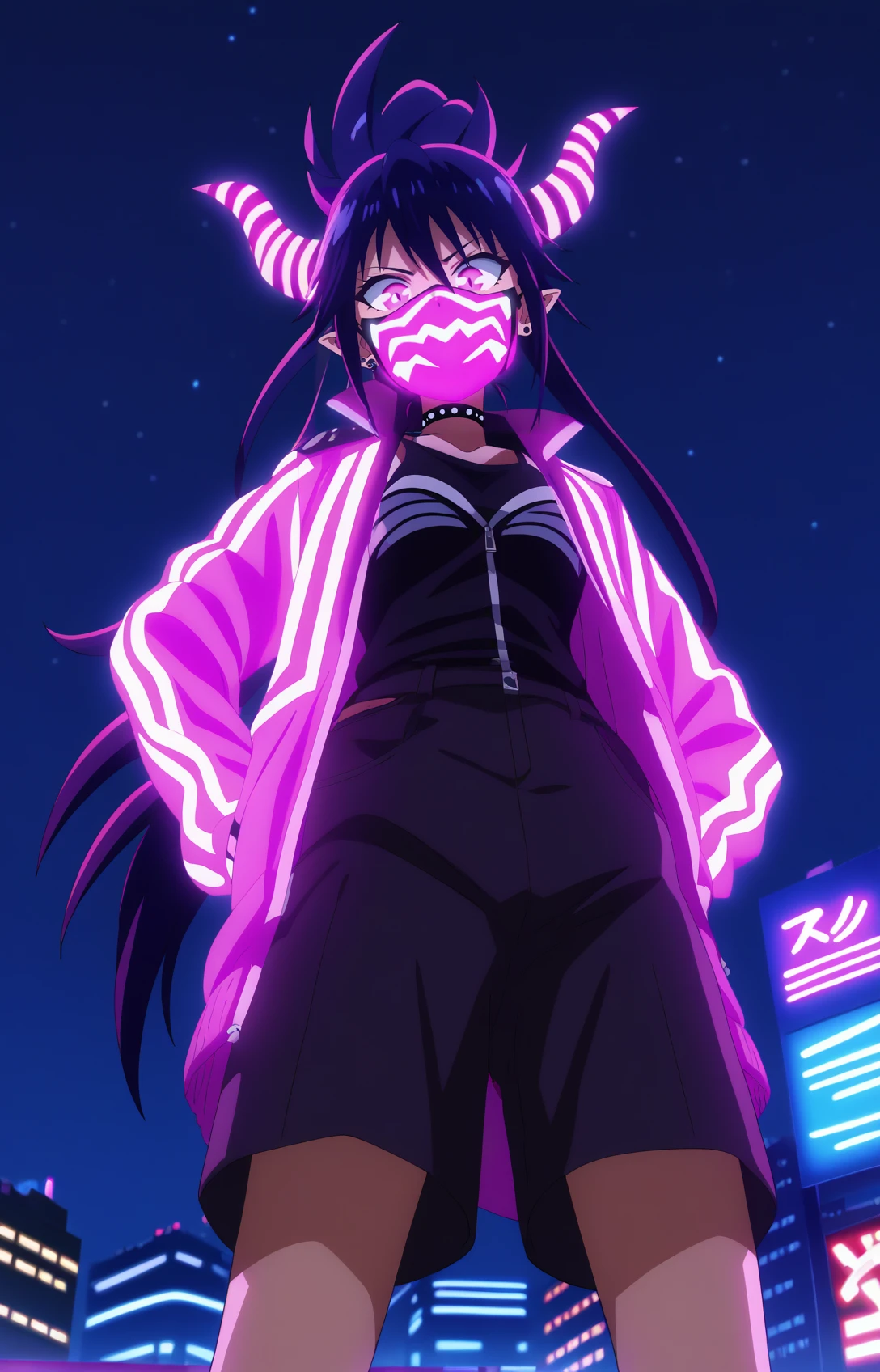 score_7_up, BREAK source_anime, 1girl, solo, long hair, ponytail, demon horns, horns, (mouth mask:0.8), cyperpunk vibes, city scrapper, night, (from below, looking down), neon, neon light, depth of field, anime screencap