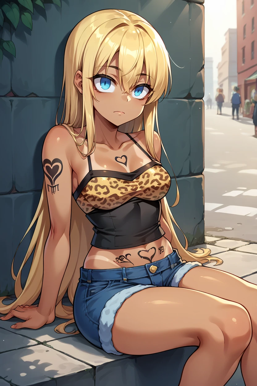 score_9, score_8_up, score_7_up, score_6_up, source_anime BREAK 1girl, girl and dog,  <lora:yoshidasaki-pdxl-nvwls-v1-000006:1> altSaki, blue eyes, blonde hair, tan, leopard print, black camisole, midriff, denim shorts, tattoo, empty eyes, sitting, street, alleyway