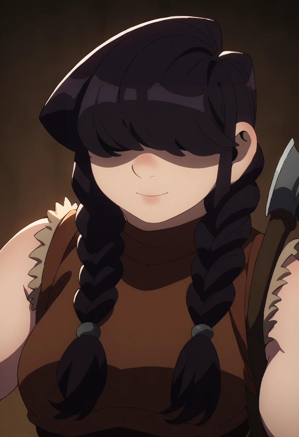 source_anime, score_9, score_8_up, score_7_up, rating_excplicit, 1girl, komi shouko, ,<lora:DMAnimeStyle:1>dwarf,  solo, , sleeveless,  armor, ,holding axe, smile, looking at viewer,  twin braids, hair over eyes,  covered eyes,