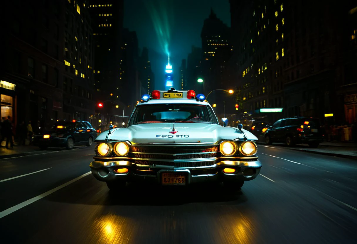 a studio photo of ecto_1, vehicle focus, racing through New York City streets at night, vehicle focus, licence plate, front view, dark, chiaroscuro, low-key, beautiful, science fiction, best quality high resolution, beautiful, highest quality, masterpiece, highly detailed, volumetric light, global illumination, studio photo, highly detailed, sharp focus, epiCPhoto,