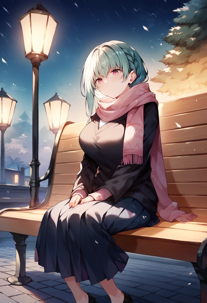 score_9, score_8_up, score_7_up, source_anime, 1girl,side braid, big breasts, sweater, black coat, scarf, aqua hair, pink eyes, pleated skirt, long skirt, night, outdoor, snowing, under a tree, dynamic light, sitting, on bench <lora:kazutake-hazano-Style-PonyXL-Dora-000021:1>