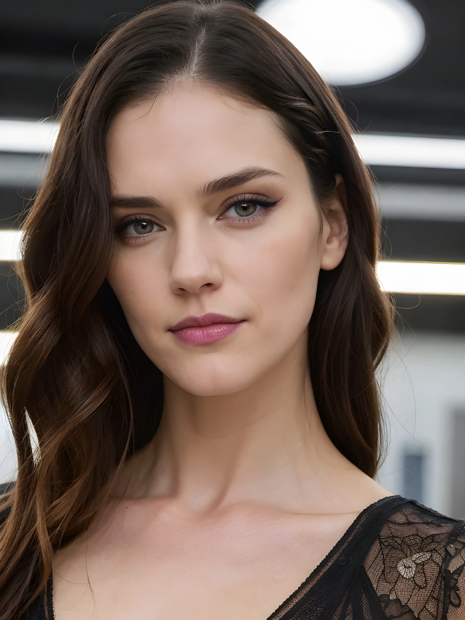close-up photo of D3lf1n4Ch4v3s_V1-Emb , makeup, mascara, eyeshadow, in the middle of a supermarket, 8k uhd, high quality, dramatic, dramatic lighting, realistic , lifelike texture