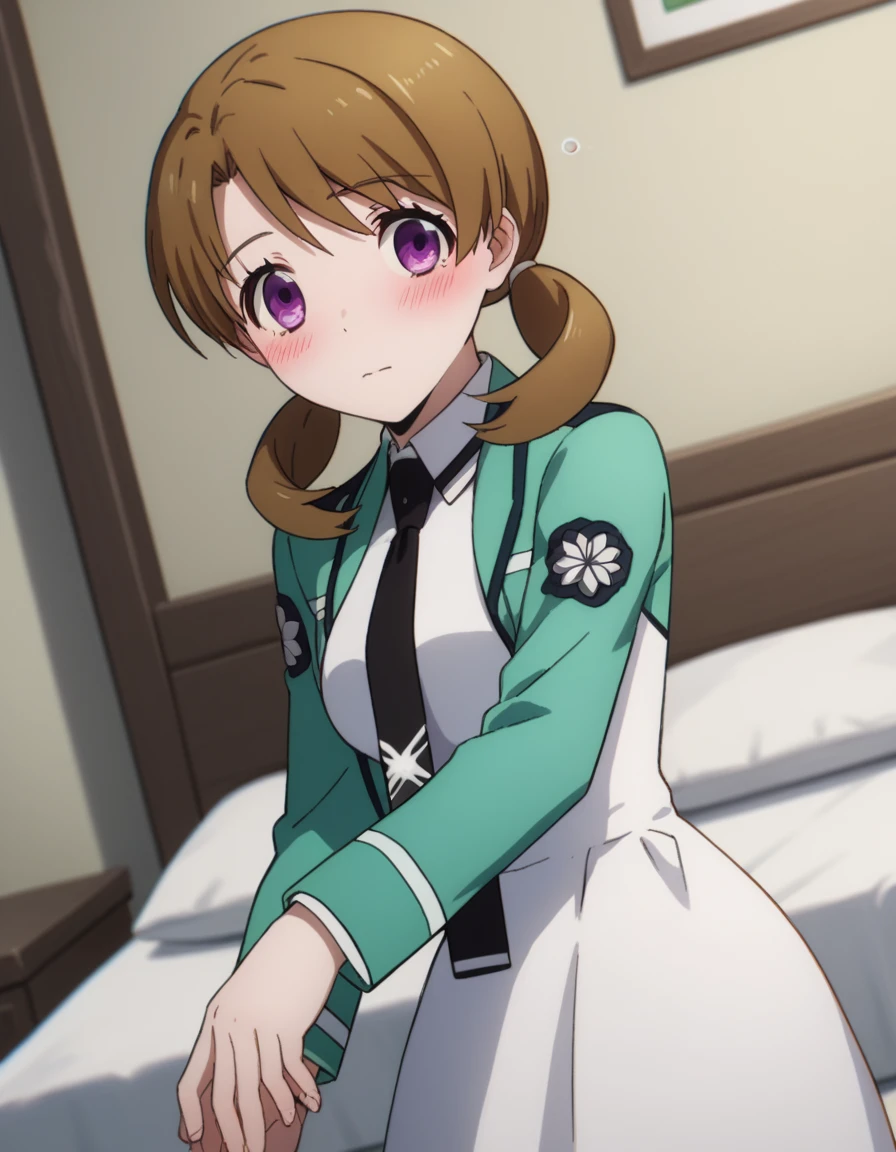 score_9, score_8_up, score_7_up, source_anime,
honokamitsui, <lora:honoka-mitsui-s2-ponyxl-lora-nochekaiser:1>,
honoka mitsui, bangs, brown hair, twintails, purple eyes, low twintails,
long sleeves, dress, school uniform, pantyhose, necktie, white dress, black necktie,
indoors, bed, bed room, on side, blush, drunk,
solo, dutch angle, looking at viewer, cowboy shot,