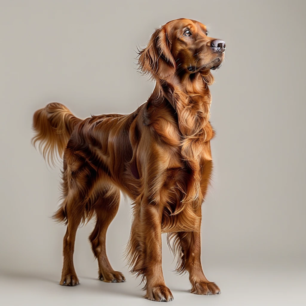 Irish setter dog, standing, solo, neutral background