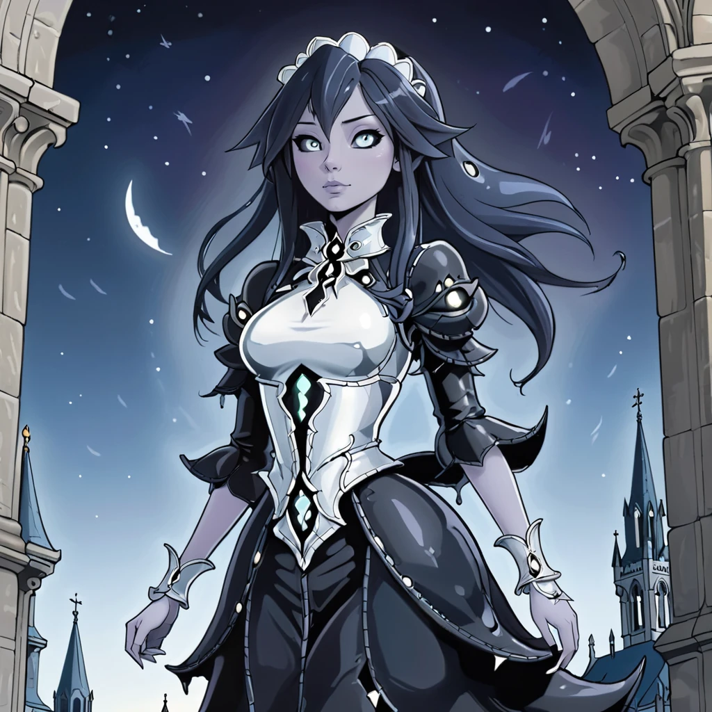 Within the walls of a gothic cathedral, a sh0ggoth with a silver walks alone. Above her, a sky full of eldritch stars shine (Classic Comic Style inked lines Cell Shading CCA approved :1.3) <lora:MGE_-_Shoggoth_-_SDXL:0.8>