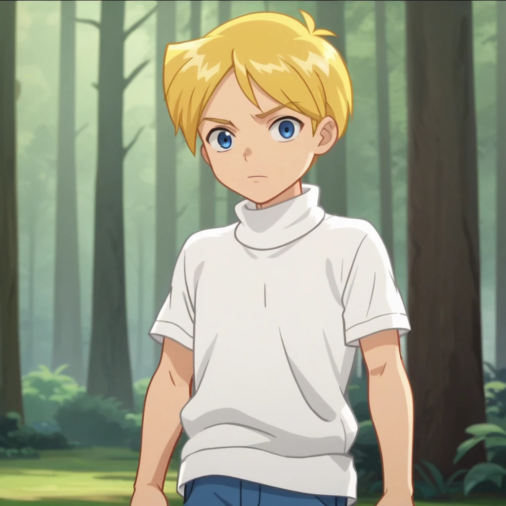 score_8_up,score_7_up, BREAK, screencap, source_anime , 1boy, solo,  Norman, short hair, blue eyes, blonde hair,   <lora:Norman_TotallySpies_XL_Leaf1:1>, short sleeves, white turtleneck sweater, cowboy shot, forest, looking at viewer,