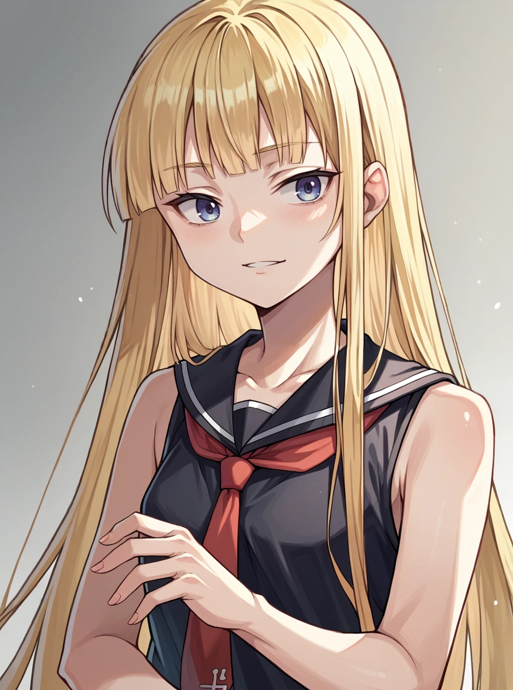score_9, score_8_up, score_7_up, source_anime, solo, 1girl, evangeline a.k. mcdowell, blonde hair, blunt bangs, serafuku, black serafuku, sleeveless, red necktie, <lora:evangeline_PDXL-000002:1>