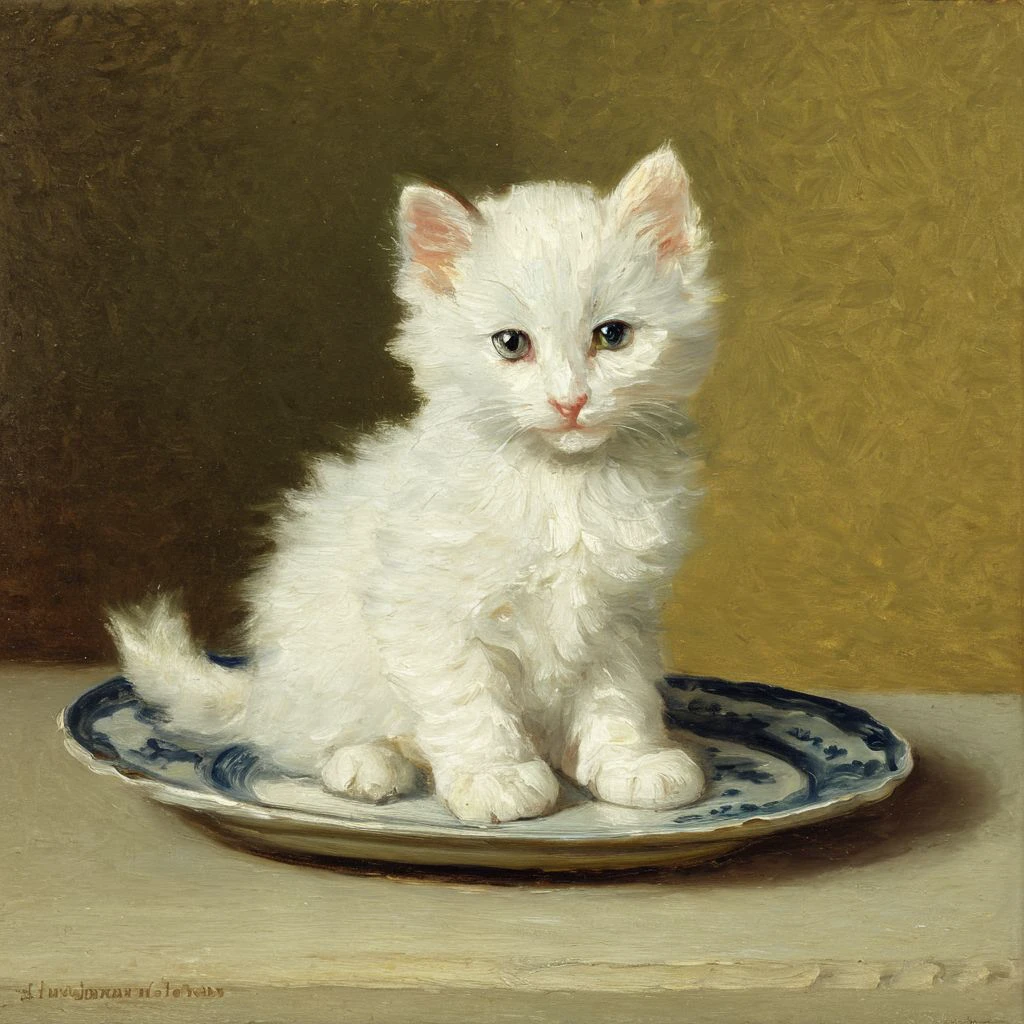 an oil painting of a cute white kitten sitting on a plate., no humans, animal, desk, looking at viewer, fluffy, <lora:cat_painting_XL_resize:1.2>