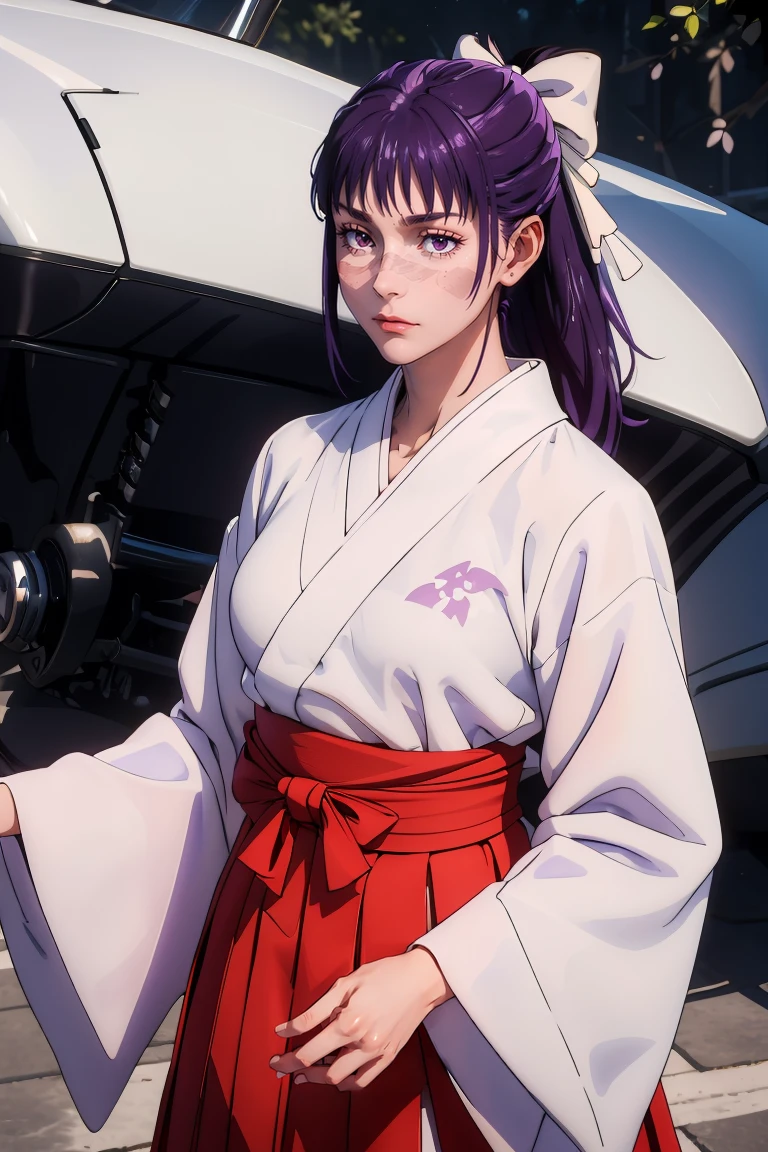 masterpiece, best quality, Ray tracing, hdr, volumetric lighting,
 <lora:Utahime_JujutsuKaisen_FefaAIart:0.77>, Iori, scar on face, bangs, scar on cheek, purple hair, ponytail,
looking at viewer, 
<lora:From_Below_FefaAIart:0.8>, from below, low angle shot,
red hakama skirt, hair bow, white bow, wide sleeves,  white kimono, long sleeves,
<lora:Downblouse_FefaAIart:0.8>,downblouse, extended downblouse, cleavage,