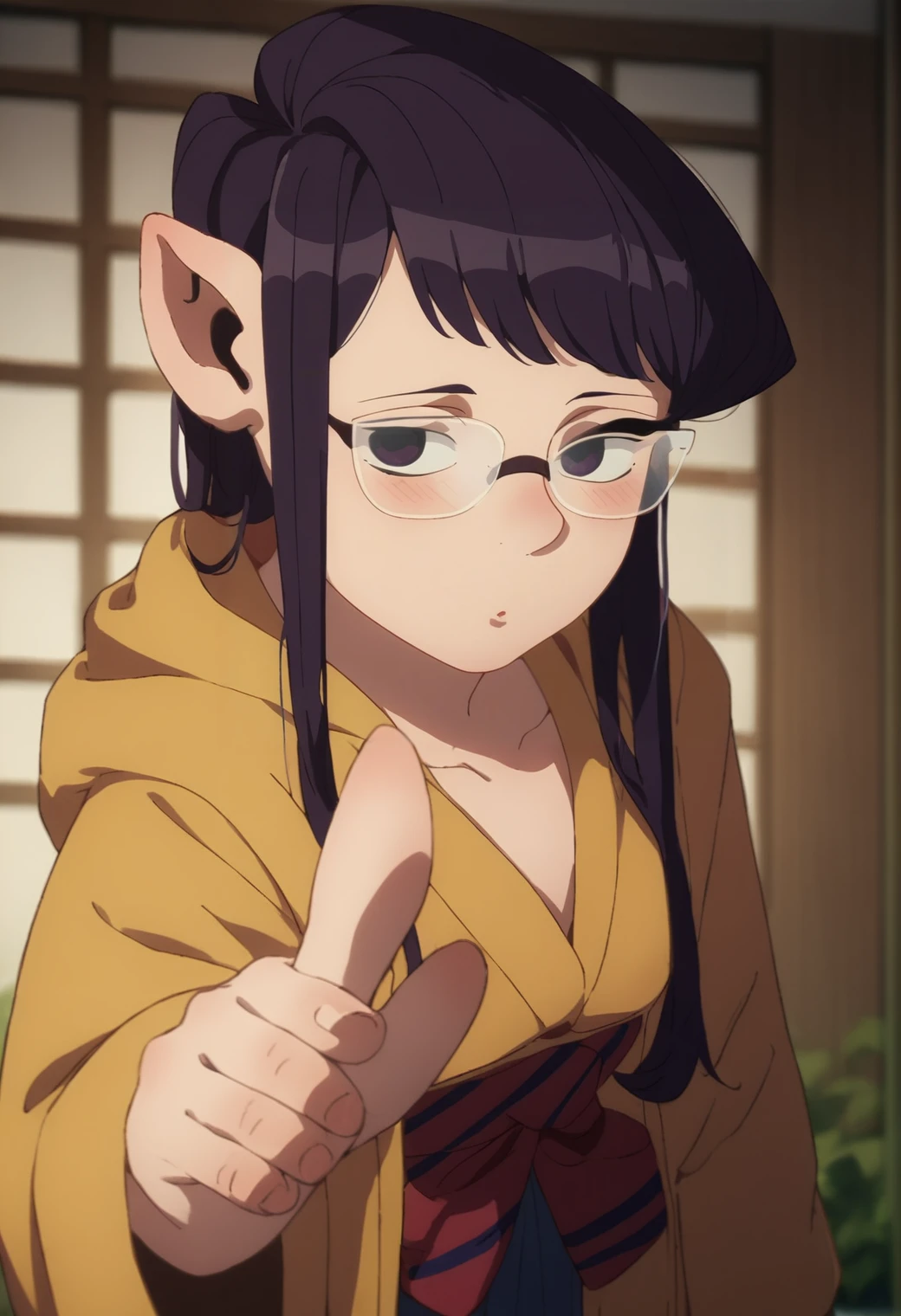 source_anime, score_9, score_8_up, score_7_up, rating_excplicit, 1girl, komi shouko, ,<lora:DMAnimeStyle:1> gnome, gloves, robe, hood down, glasses, hair hair ornament, blush, pointing, looking at viewer,