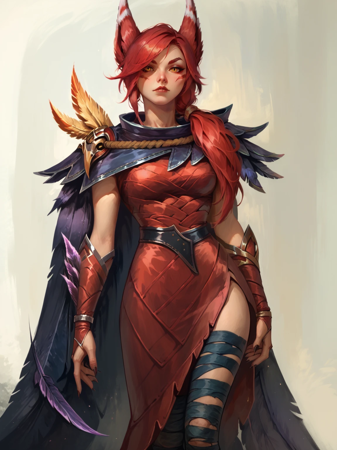 score_9, score_8_up, score_7_up, XayahNormal, 1girl, solo, red animal ears, facial marks, yellow eyes, red long hair, vambraces, feather cloak, red leather dress, bandages on legs, bird legs, wodeipoi <lora:XayahNormal:1> <lora:wodeipoi:1>