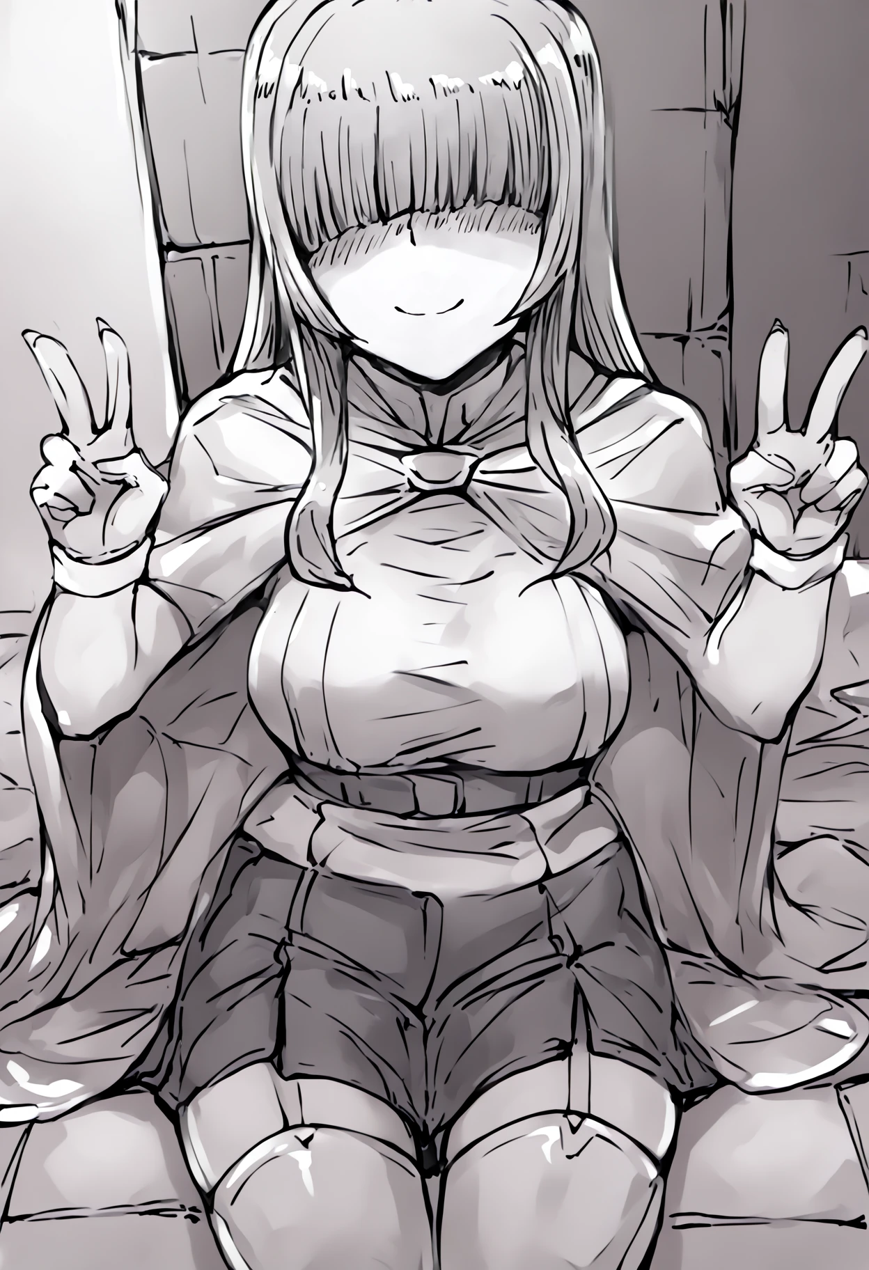 score_9, score_8_up, score_7_up, score_6_up, score_5_up, score_4_up, source_anime, uncensored, zPDXLxxx, <lora:intricate_details:0.5> intricate_details_xl <lora:Kirome-Style-PonyXL-Dora:1>
<lora:Momo_MCFIEC_v1.0:1> Momo, 1girl, solo, long hair, hair over eyes, monochrome, greyscale, hands on floor, looking at viewer, blunt bangs, hime cut, knee boots, medium breasts, covered eyes, collarbone, long bangs, facing viewer, dress, cape, capelet, smile, blush, closed mouth, (v, double v:1.1),