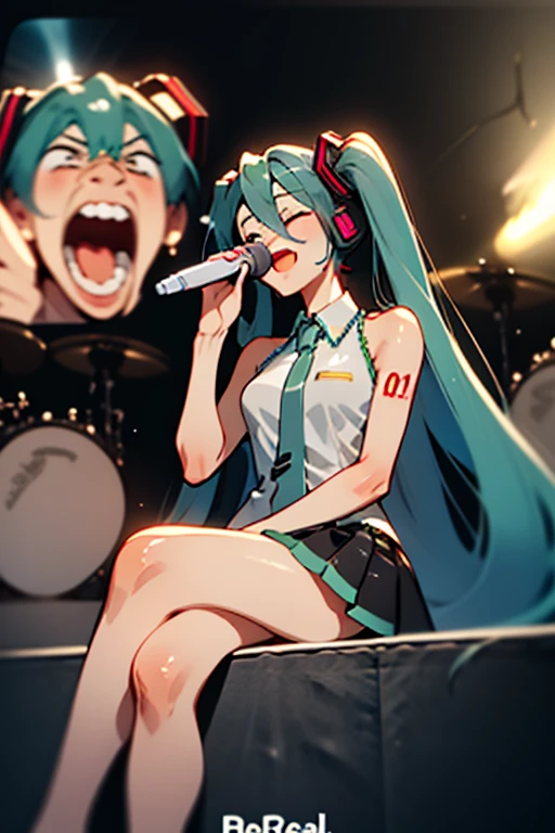 <lora:madscream-08:1> madscream, sitting, holding, singing, crossed legs, open mouth, hatsune miku, masterpiece, best quality