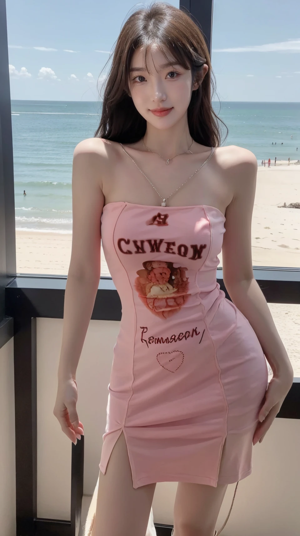 masterpiece,best quality,bright colors,solo,photo_,(1girl:1.3),(standing:1.3),(looking at viewer:1.4),Elegant,detailed gorgeous face,(cowboy shot:1.4),realistic,(seaside background:1.2),plant,,MIS,dress,print,<lora:MIS52:0.75>
