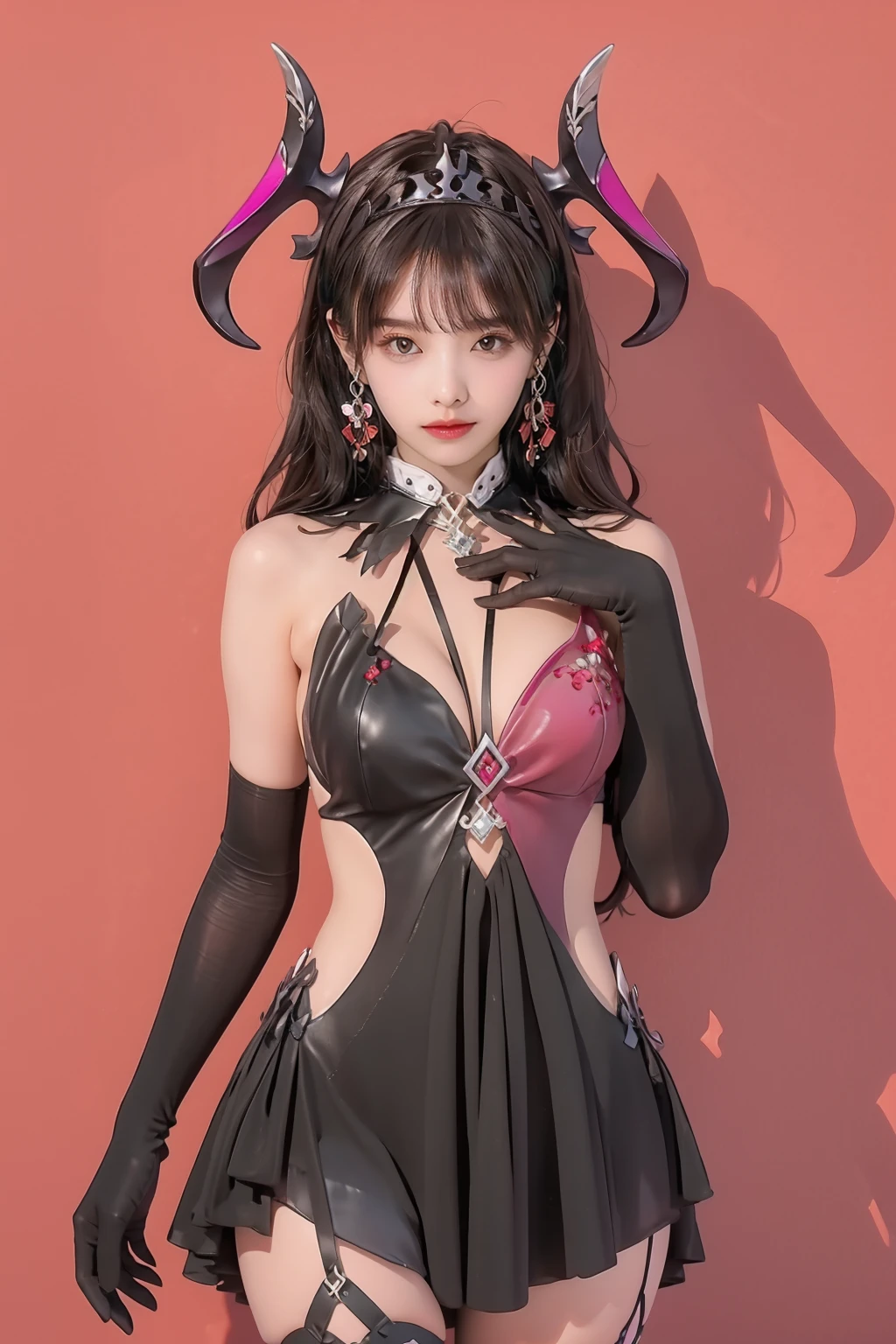 best quality,masterpiece,highres,extremely detailed cg unity 8k wallpaper,red background,1girl,solo,looking at viewer,standing,cowboy shot,large breasts,<lora:GoodHands-beta2:1>,<lora:lemon0032-Epic Seven Spectre Tenebria(Dark Tyrant)_v1:1>,lemon0032,horns,earrings,asymmetrical legwear,elbow gloves,gem,tiara,