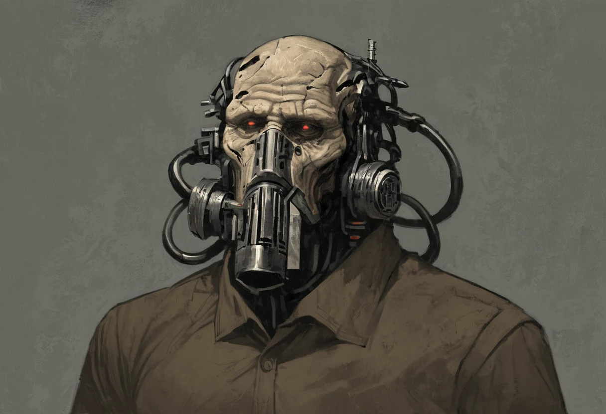 A digital painting of a servitor's head and upper torso. The servitor has a heavily scarred and wrinkled face with a missing right eye and several cybernetic augmentations, including a large metal plate on the right side of its head and a tube running from its mouth to the back of its head. It is wearing a tattered brown shirt and a black collar. The background is a dark grey gradient. By Thomas Mack.
line art, extremely detailed, dynamic shading, grimdark, expressive, impasto, volumetric lighting, matte painting,
 <lora:Servitor:1>