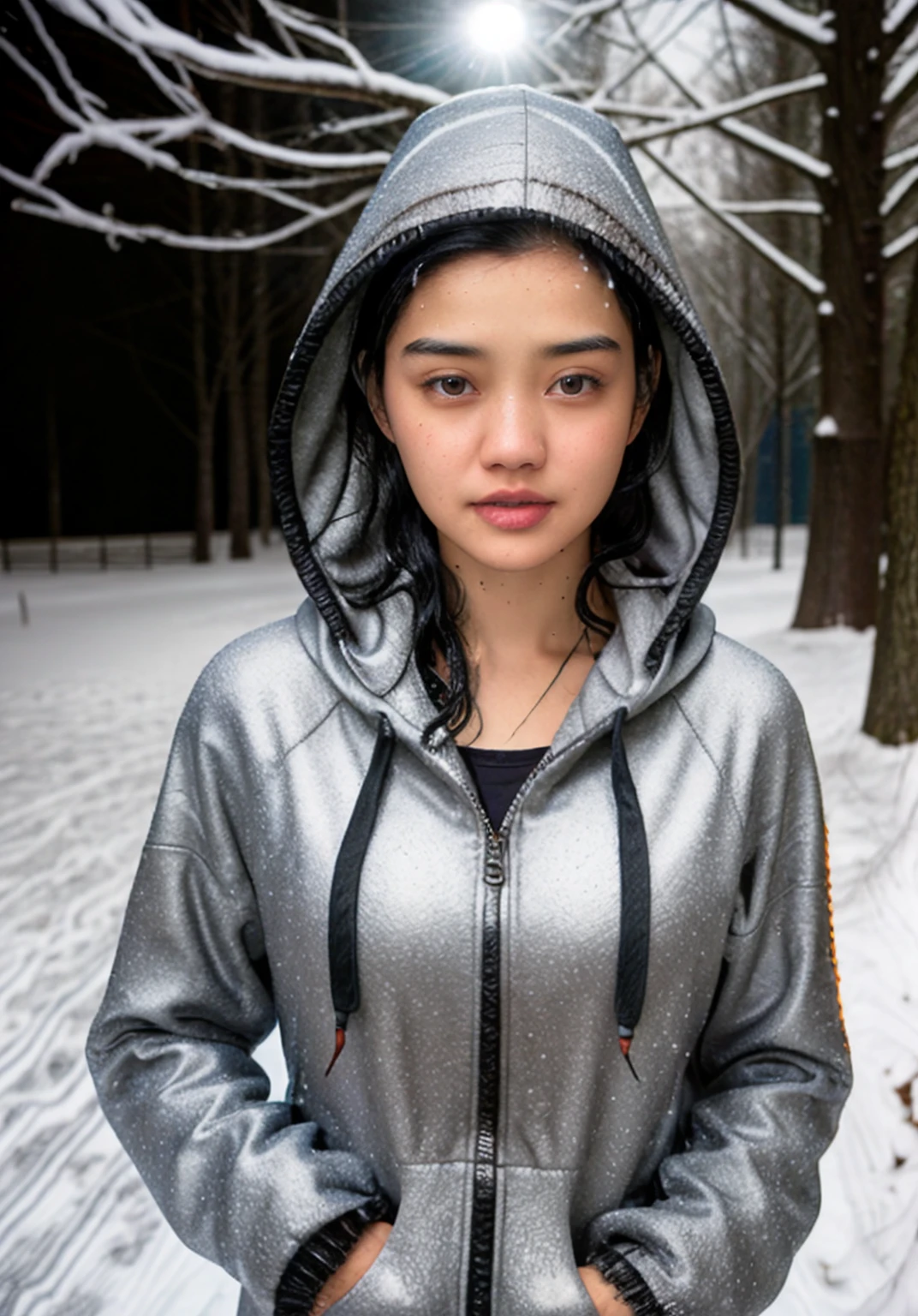 HDR photo of almachau123 woman, black hair, brown eyes, perfect eyes, wearing a hooded cloak, hood up, walking outside in the snow, snowing, park, night . High dynamic range, vivid, rich details, clear shadows and highlights, realistic, intense, enhanced contrast, highly detailed, <lora:almachau123:1>,