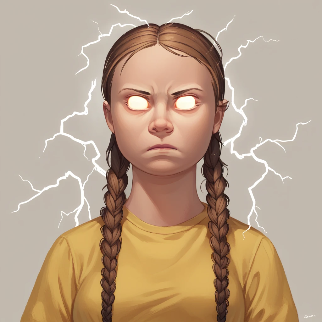 score_9, score_8_up, score_7_up, BREAK, source_cartoon,1girl, solo, Greta, twin braids, brown hair, <lora:GretaT_Leaf1:1>, cowboy shot, simple background, yellow shirt, incrslowtier, <lora:KYS_XLPD:1.3>, electricity, upper body, glowing eyes, no eyes, expressionless,