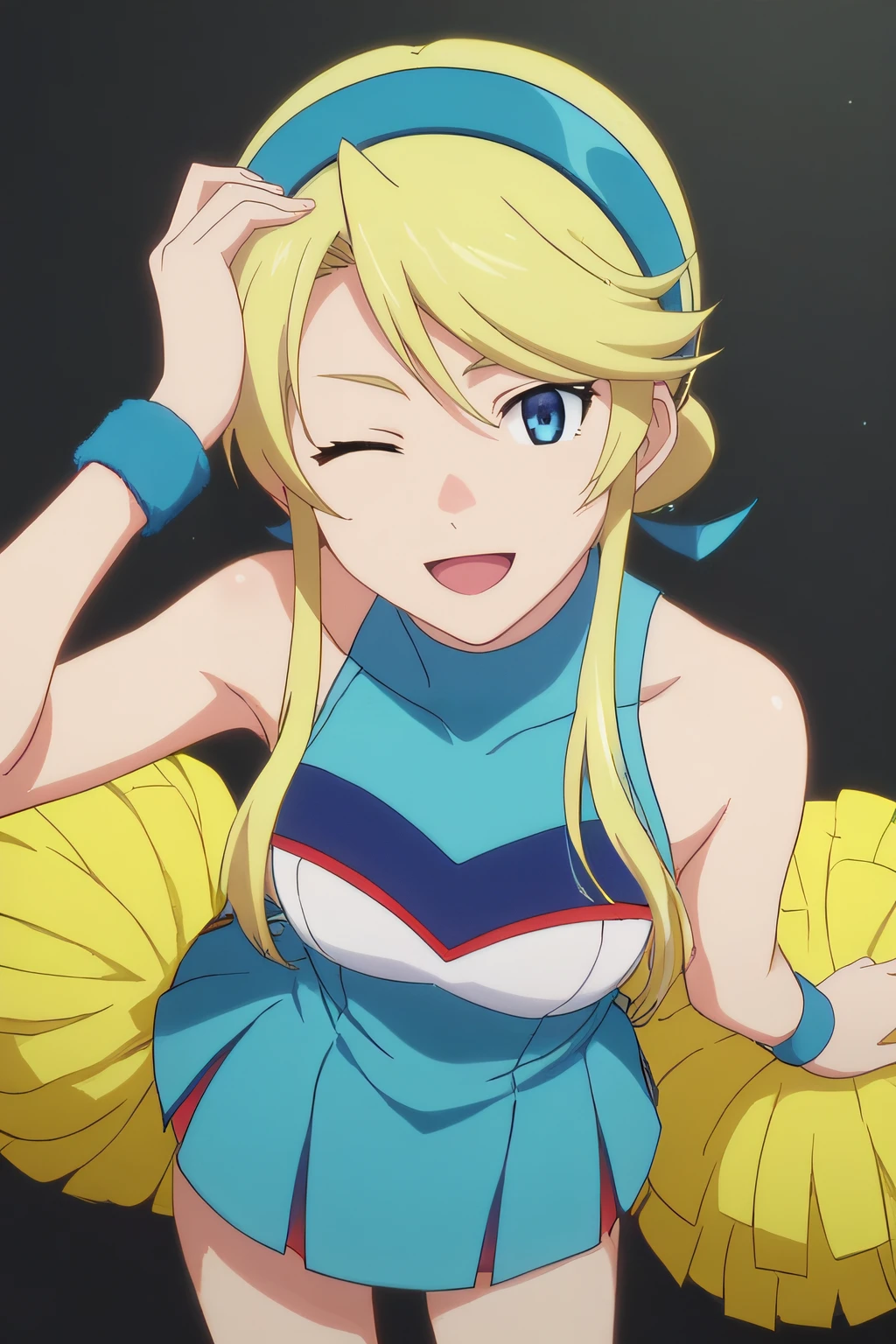 score_9, score_8_up, score_7_up, source_anime, rating_safe, intricate details, anime screencap, official style, <lora:PONY_Lina_Davis:1>, lina, blonde hair, blue eyes, hairband, bicolor dress, cheerleader, blue wristband, standing, simple background, looking at viewer, hand over head, from above, cowboy shot, five fingers, one eye closed, open mouth, smile