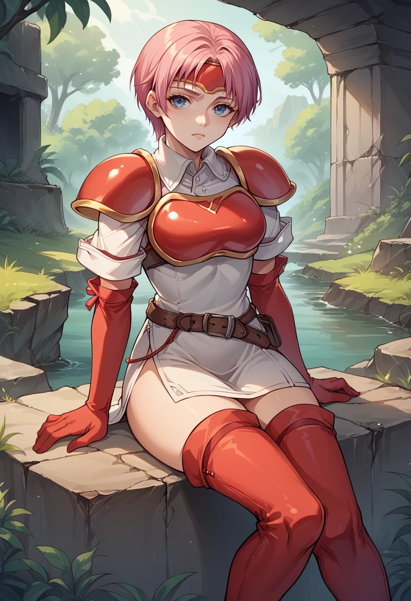 score_9, score_8_up, score_7_up, source_anime, BREAK 1girl, sitting, reclining, tired, <lora:MarciaFE-pdxl:1> defMarcia, short hair, white tunic, collared shirt, short sleeves, red armor, breastplate, medium breasts, headband, shoulder armor, red elbow gloves, belt, thighs, thigh boots, outdoors, forest, ruins