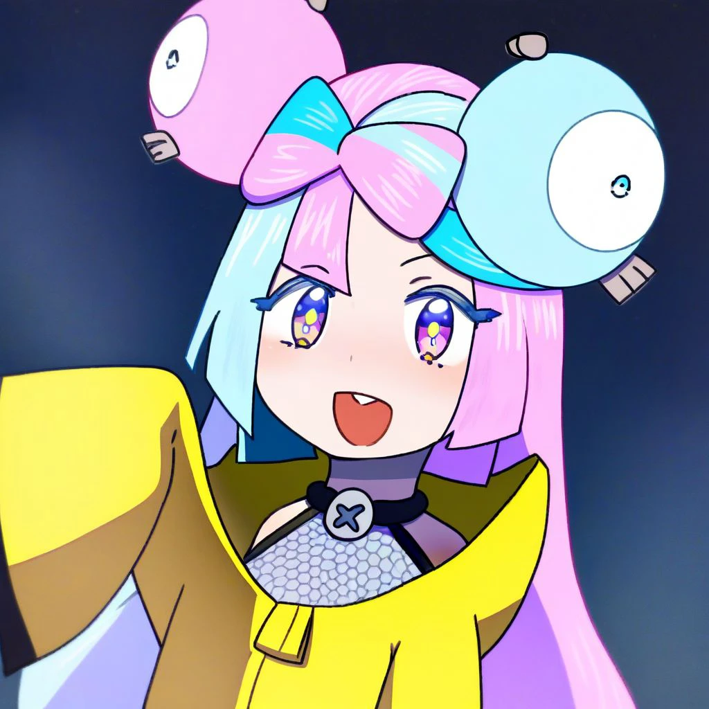 solo, 1girl, upper body, outdoors, iono/(pokemon/), hair ornament, two-toned hair, multicolored hair, pink hair, blue hair, yellow jacket, smile, open mouth, upper body