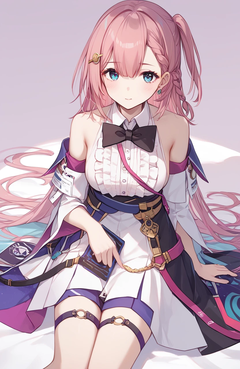 <lora:è¾ä¸å¦²2pony:1>,xtasta,a girl named xtasta,1girl,braid,white shirt,sleeveless shirt,one side up,id card,detached sleeves,black skirt,black bowtie,center frills,collared shirt,thigh strap,<lora:naipixa31-000019:0.6>,, (score_9,score_8_up,score_7_up),(masterpiece,best quality,high quality:1.2),absurdres,