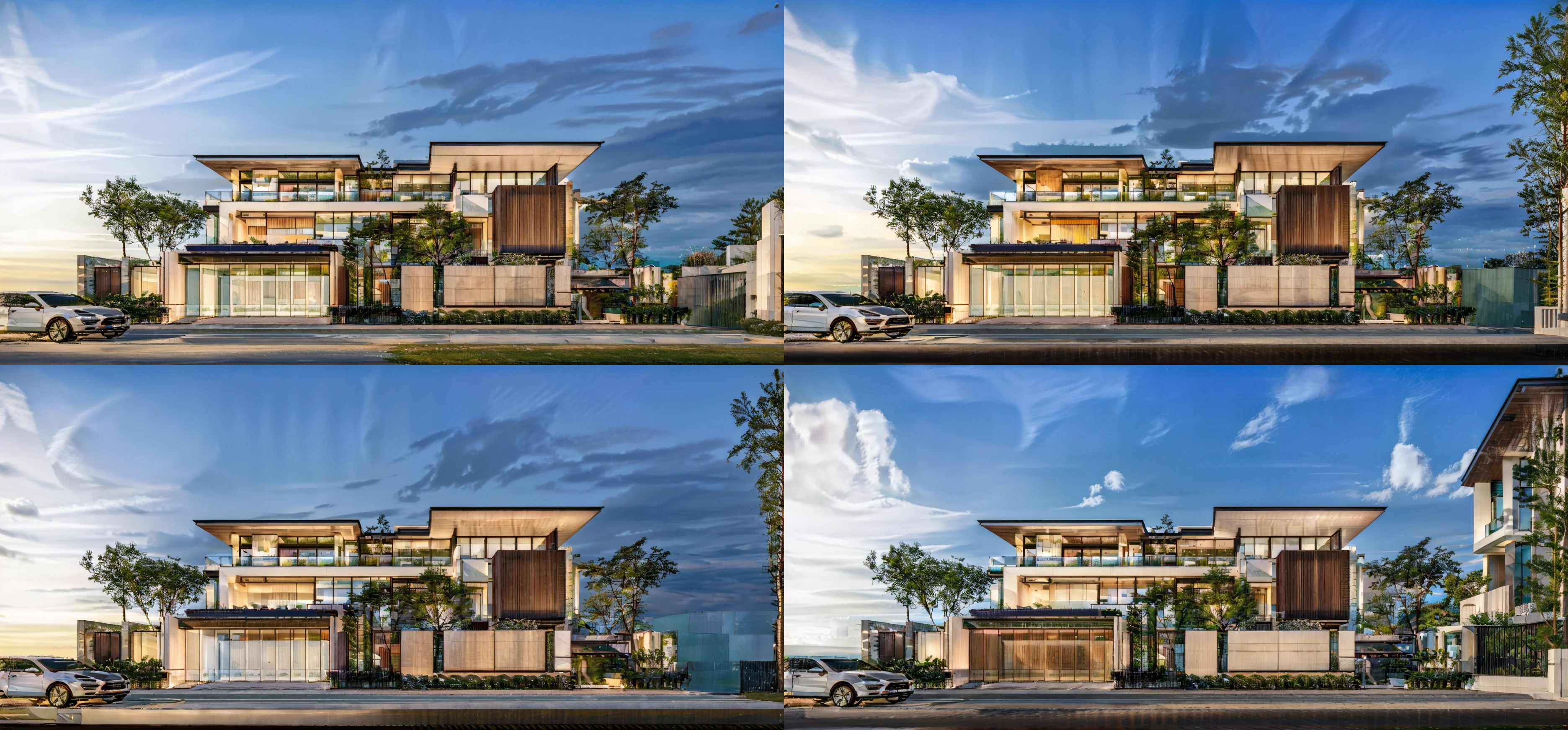 A three-story building on the street with an asphalt road surface and realistic, asphalt sidewalks. The house is minimalist in design with white walls and green plants on the balcony, with a modern gate entrance on the ground floor. The design includes an outside garden with large windows and sliding doors to let natural light flood inside the house. It's an image shown from the front with a white background in the style of a minimalist artist
<lora:add_detail:0.5> <lora:more_details:0.3> <lora:Gray villa-NBOX:1>, ((Best quality)), ((masterpiece)), ((realistic)), design a modern multi-story residential building that showcases the integration of green spaces and harmonizes with its surroundings. Envision a contemporary architectural masterpiece that embraces sustainable practices and promotes a sense of well-being. The design should seamlessly incorporate lush greenery and aerial gardens, creating a visually striking and environmentally friendly living environment. Picture the building nestled within an urban landscape, with natural daylight filtering through the foliage, casting a soothing and refreshing ambiance. As the artist, utilize architectural design and digital rendering techniques to bring this concept to life. Embrace a color scheme inspired by natural and earthy tones, further enhancing the building's connection to nature. Let the artwork reflect the innovative and forward-thinking approach to urban living, where modern design harmonizes with green spaces, creating a sustainable and aesthetically pleasing residential building, (masterpiece),(high quality), best quality, real,(realistic), super detailed, (full detail),(4k),8k, modern house exterior design, Modern architecture, whitewall, Sandstone GRAY, Beautiful_sky, SUNSET, no_humans, outdoors, sky, tree, Garden flower front of building, <lora:AARG_villa:1>,